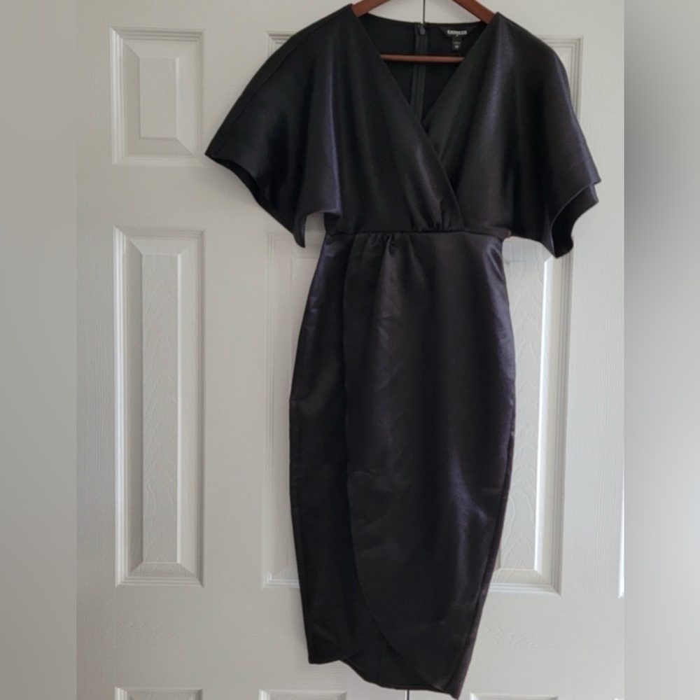 NWOT Express Black Satin Wrap-Style Midi Dress